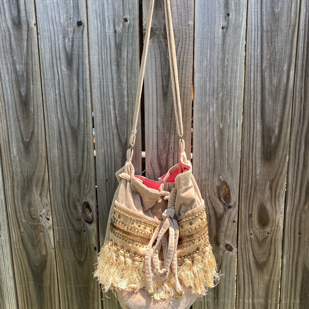 Boho Beige Fringe Crossbody Bag hobo velvet beach people beaded tan brown gold